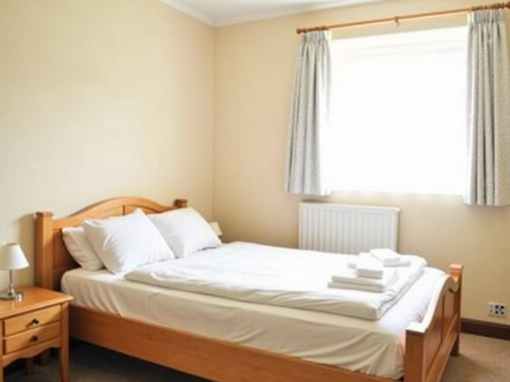 Ein minimalistisches Schlafzimmer mit einem Holzbett, weißer Bettwäsche und einem kleinen Nachttisch.