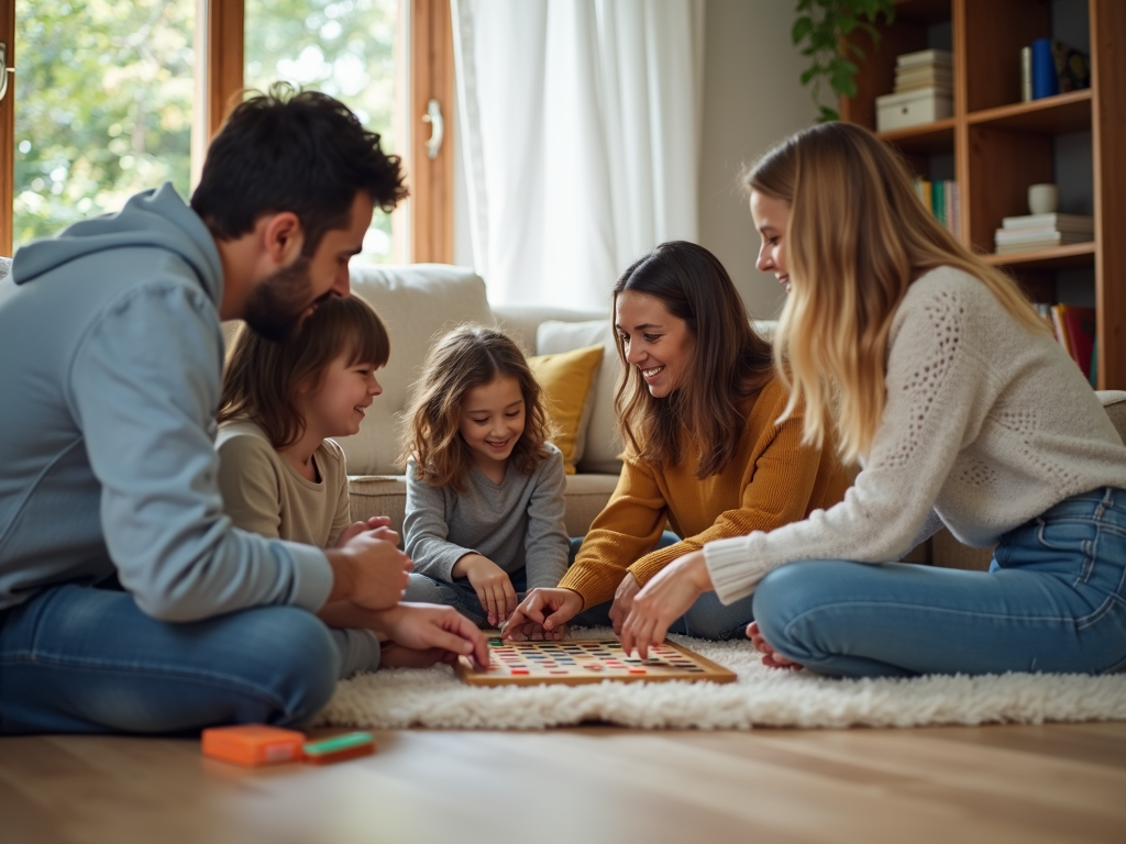 Eine Familie spielt gemeinsam ein Brettspiel in einem aufgeräumten Raum