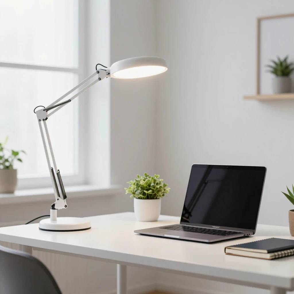 Minimalistisches Homeoffice mit moderner Tageslichtlampe auf dem Schreibtisch