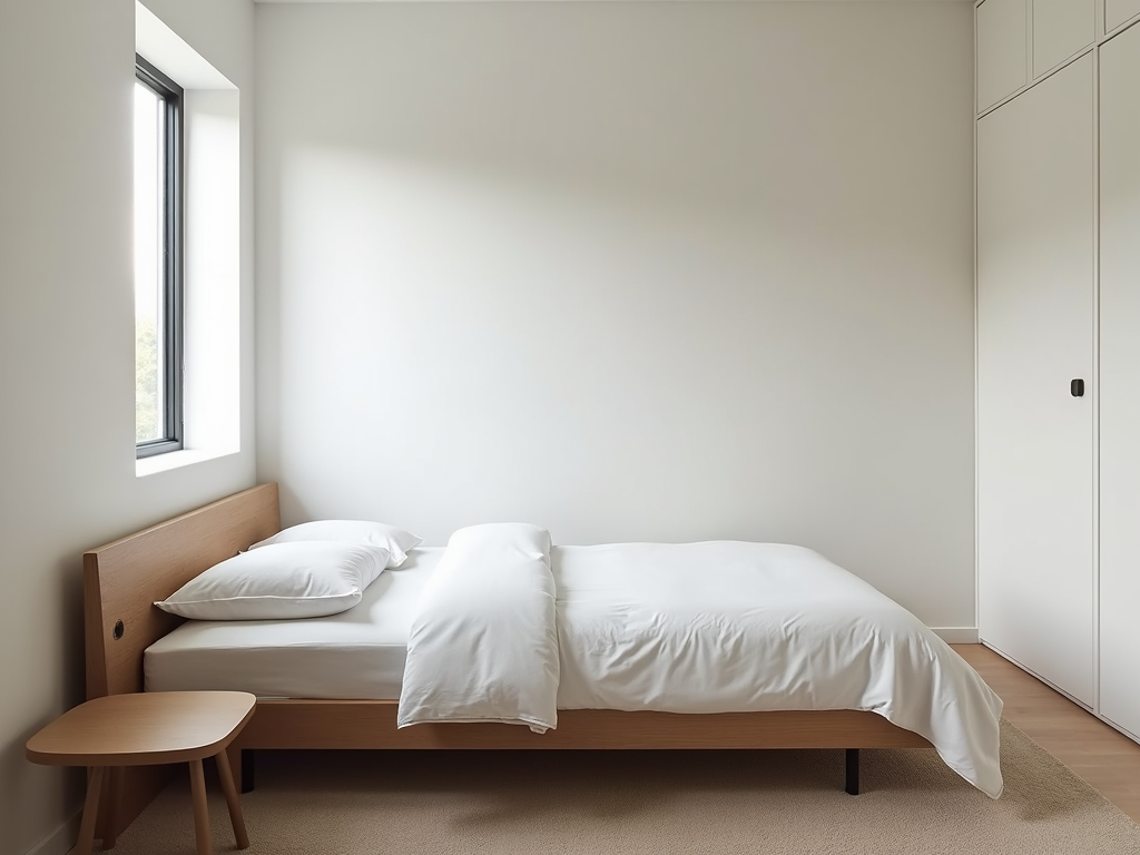 Ein minimalistisches Schlafzimmer mit einem einzelnen Bett, einem kleinen Nachttisch und einem Fenster mit Tageslicht.