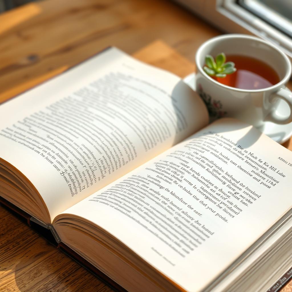 Ein offenes Buch auf einem Holztisch neben einer dampfenden Teetasse und einer kleinen Sukkulente.
