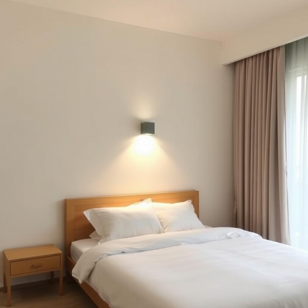 Minimalistisches Schlafzimmer mit wandmontierter LED-Lampe und großen Fenstern.
