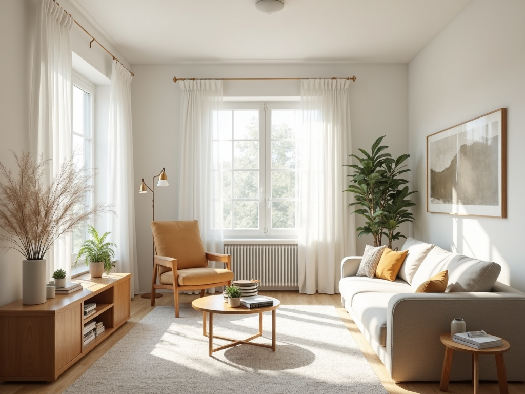 Ein ruhiger, aufgeräumter Wohnraum mit natürlichem Licht, der einen minimalistischen Stil mit wenigen, sorgfältig ausgewählten Dekorationsgegenständen zeigt.