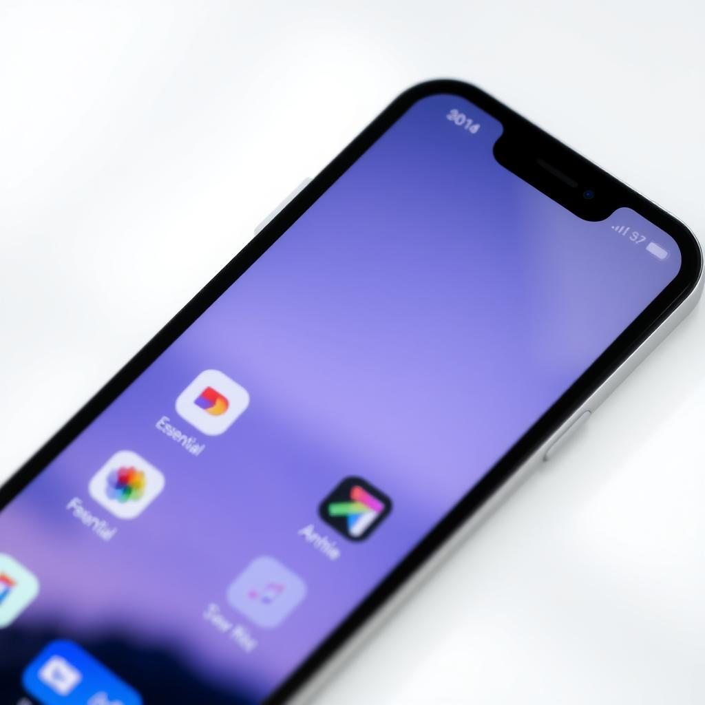 Nahaufnahme eines Smartphone-Bildschirms mit einem minimalistischen Startbildschirm, der nur wenige essentielle Apps zeigt, vor einem sauberen weißen Hintergrund.