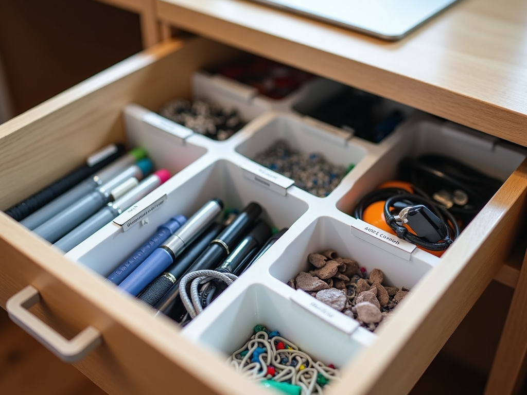 Eine ordentlich organisierte Schreibtischschublade mit beschrifteten Fächern für Stifte, Büroklammern und Kabel.