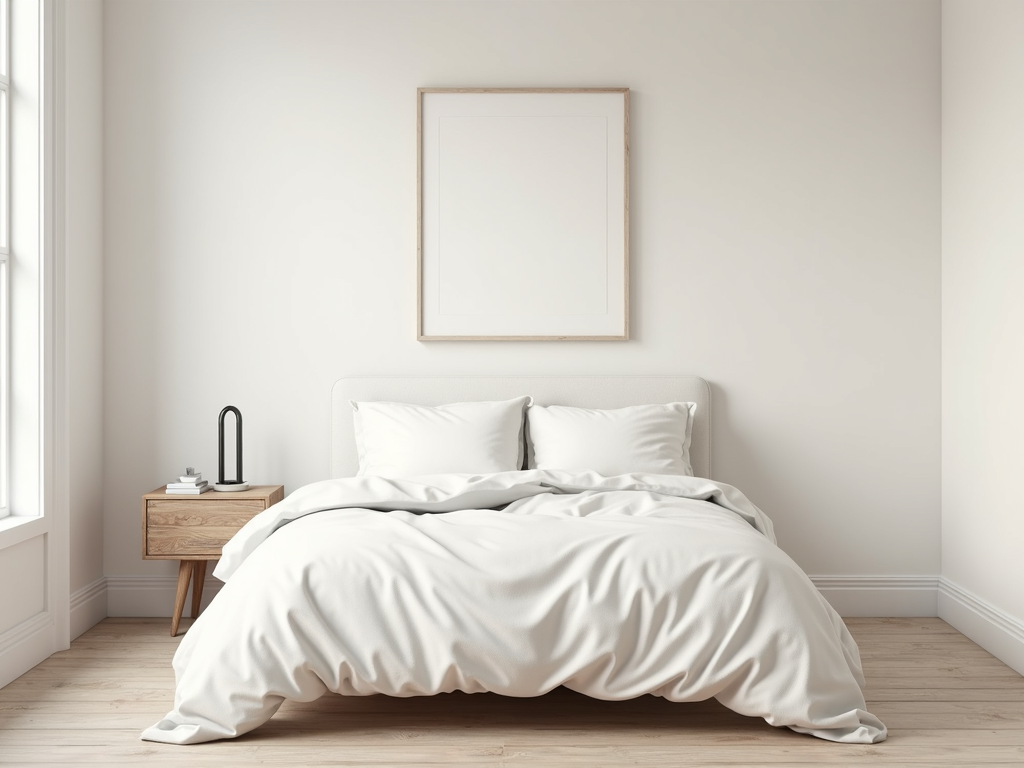 Ein minimalistisches Schlafzimmer mit nur einem Bett, einem kleinen Nachttisch und einem Kunstwerk an der Wand.