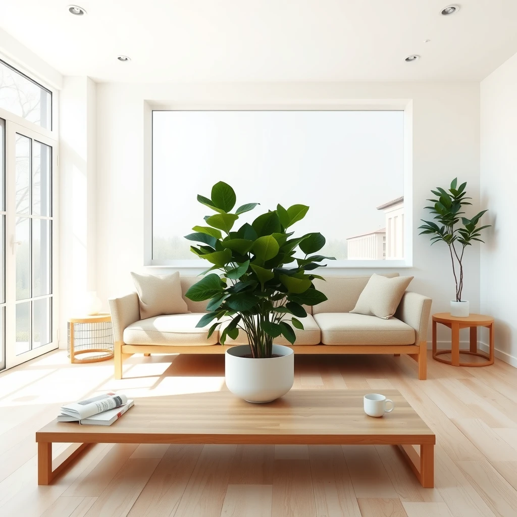 Helles, minimalistisches Wohnzimmer mit natürlichen Materialien und viel Licht