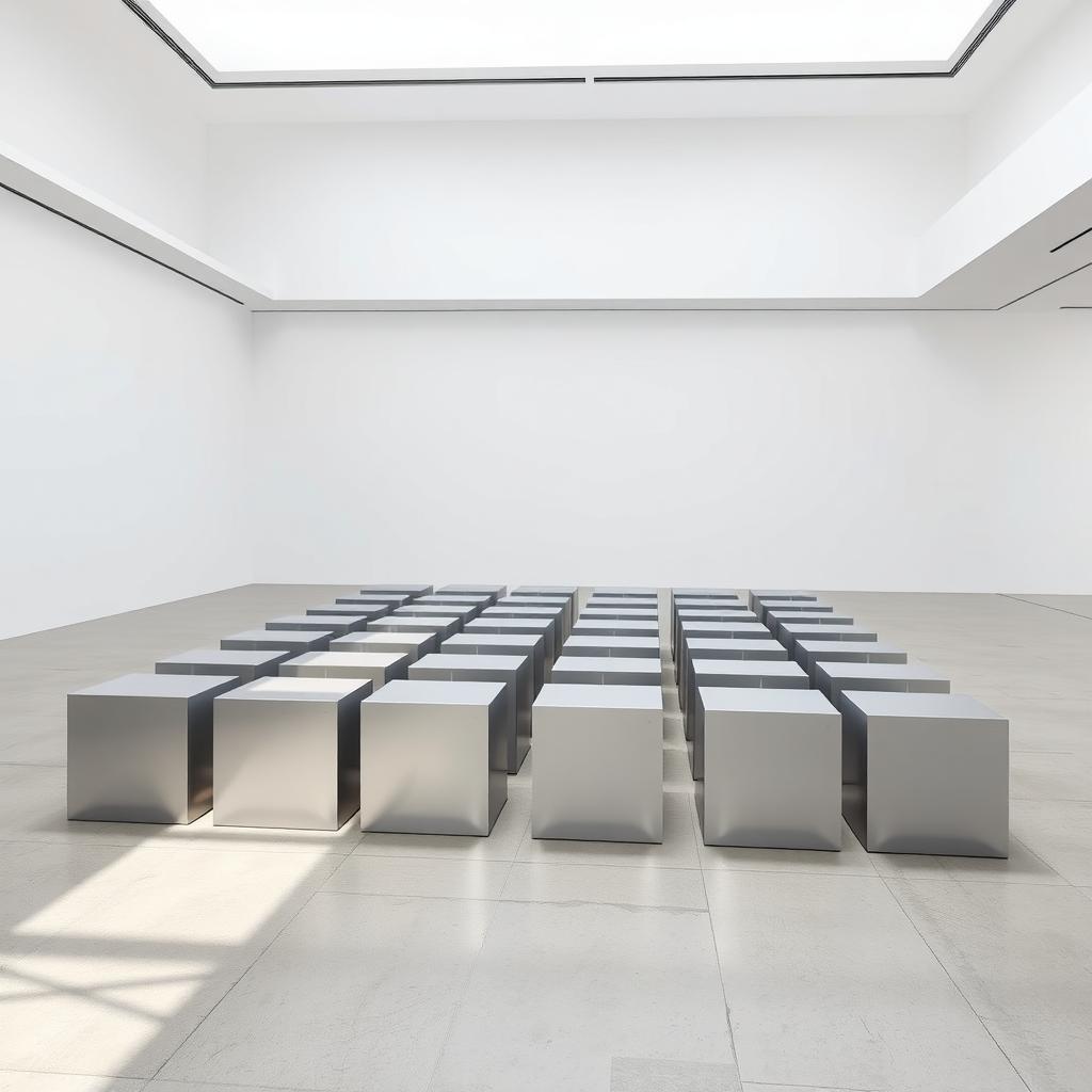 Eine Reihe polierter Aluminiumboxen in einem präzisen Gitter auf einem Betonboden in einer hell erleuchteten, modernen Kunstgalerie.