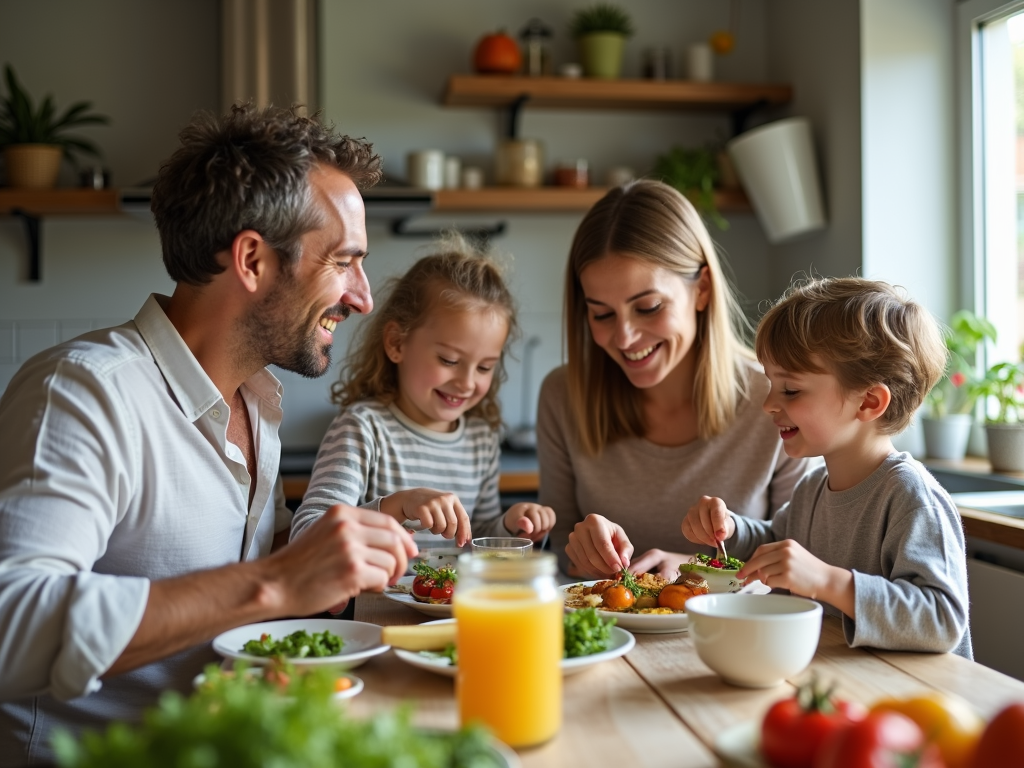 Familie in nachhaltiger Küche beim Essen