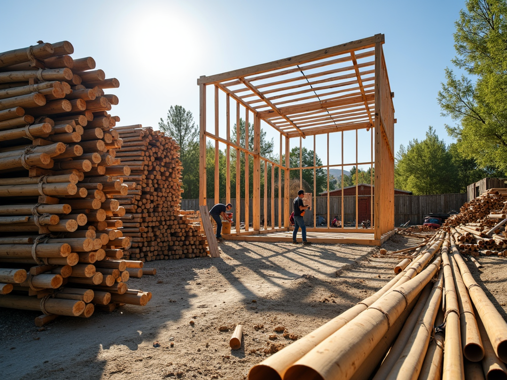 Eine Baustelle mit Stapeln von reclaimed Wood und Bambusstangen, Arbeiter bauen ein nachhaltiges Gerüst unter strahlender Sonne.