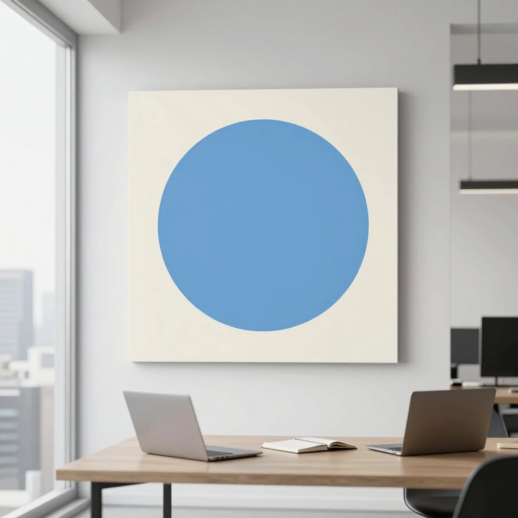 Minimalistisches Büro mit Wandbild eines blauen Kreises auf beigem Hintergrund
