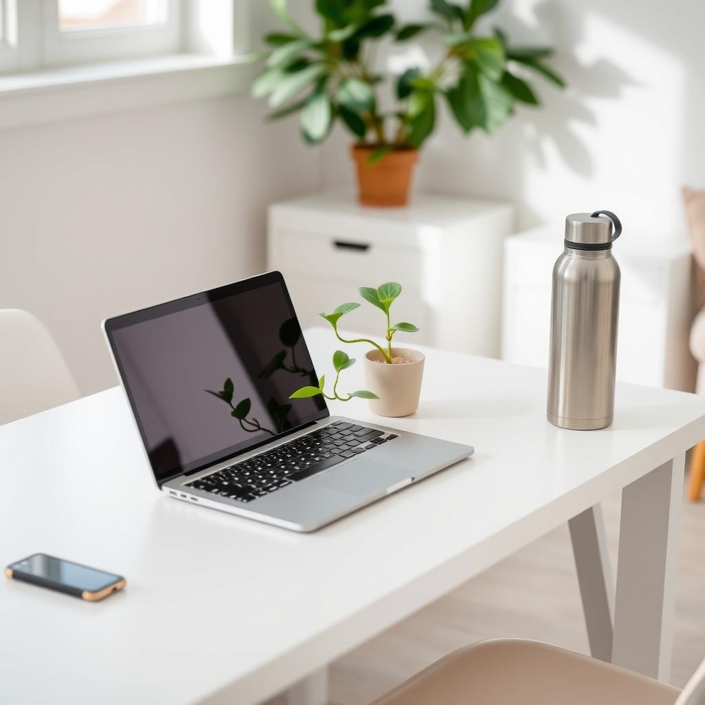 Ein aufgeräumter, minimalistischer Schreibtisch mit einem Laptop, einer einzelnen Topfpflanze und einer wiederverwendbaren Wasserflasche, vor einem ordentlichen Raum mit neutralen Farben und natürlichem Licht.