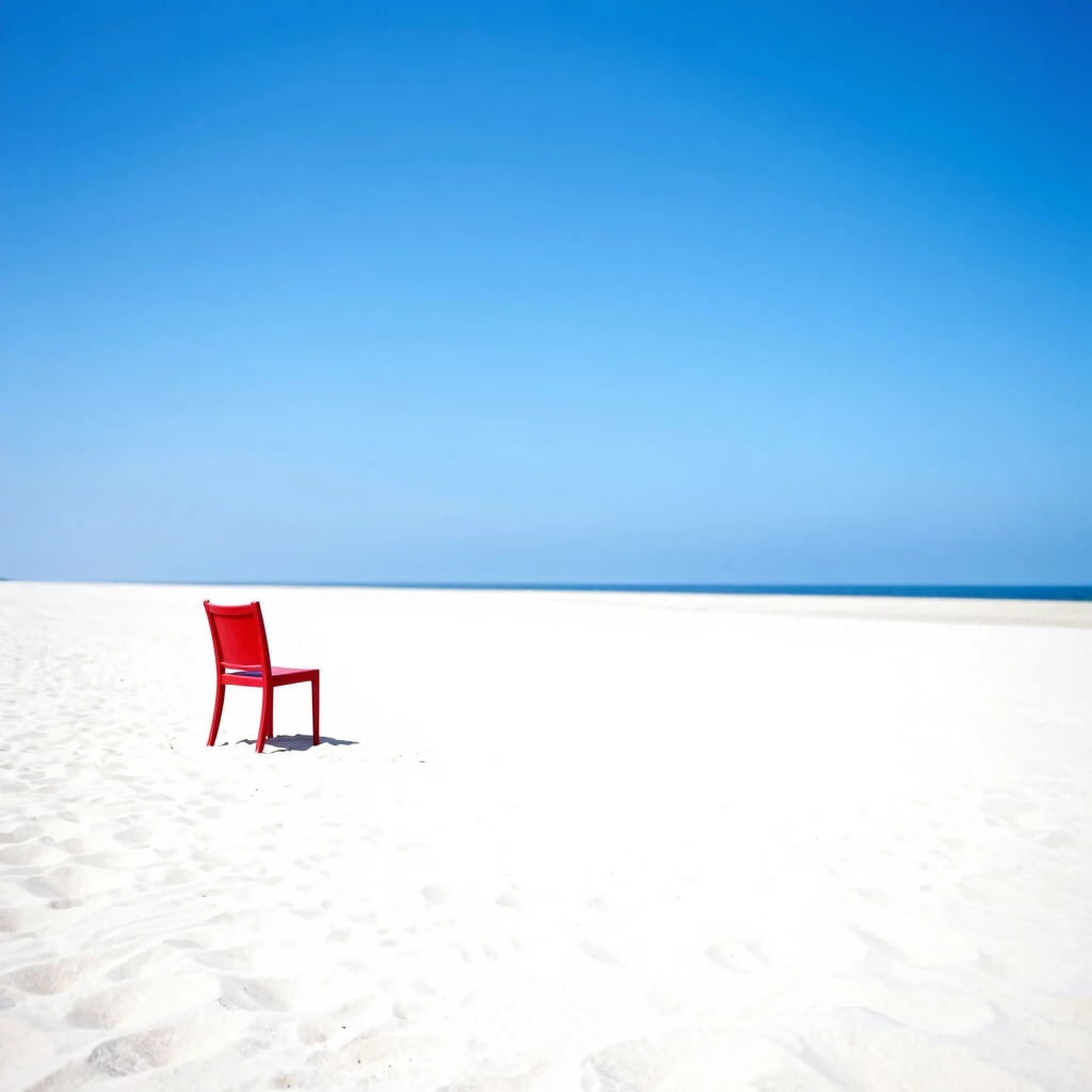 Ein roter Stuhl allein auf einem endlosen Strand – Symbol für Minimalismus Fotos