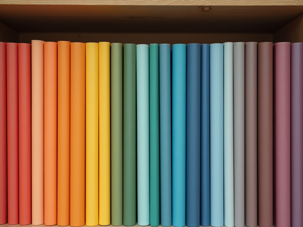 Ein minimalistisches Bücherregal mit farblich sortierten Büchern.