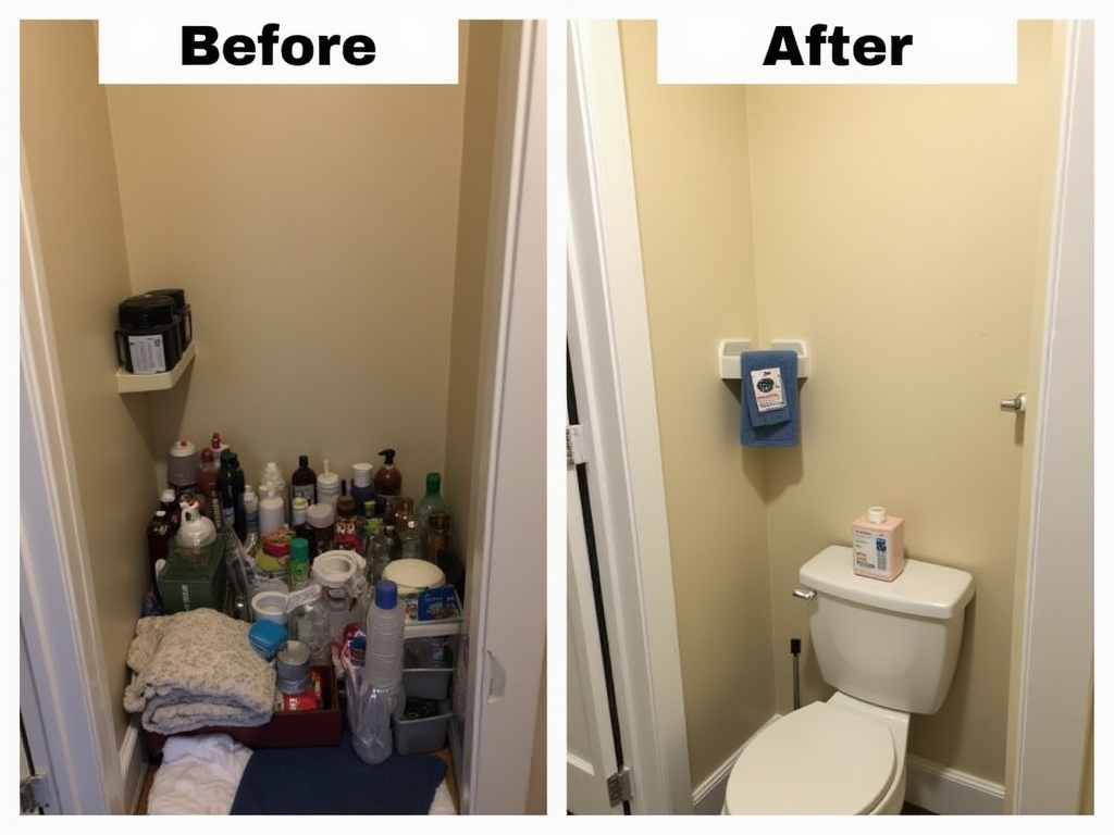 Ein Vorher-Nachher-Blick auf ein Badezimmer. Die 'Vorher'-Seite ist voll mit Flaschen, Handtüchern und Sachen. Die 'Nachher'-Seite zeigt denselben Raum mit nur einem Seifenspender und einem Handtuch, sauber und geräumig.