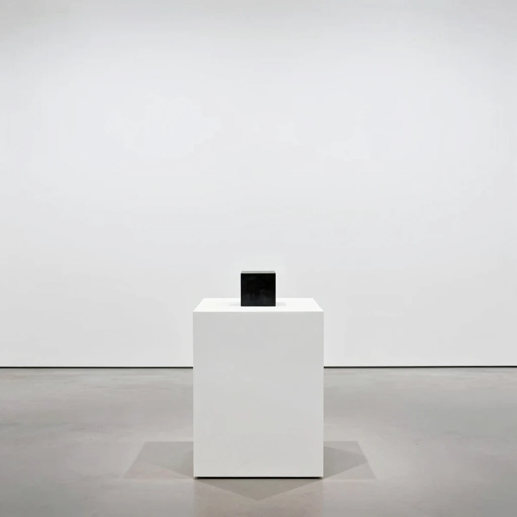 Minimalistische Kunstinstallation aus den 1960er Jahren mit einem schwarzen Würfel auf einem Podest