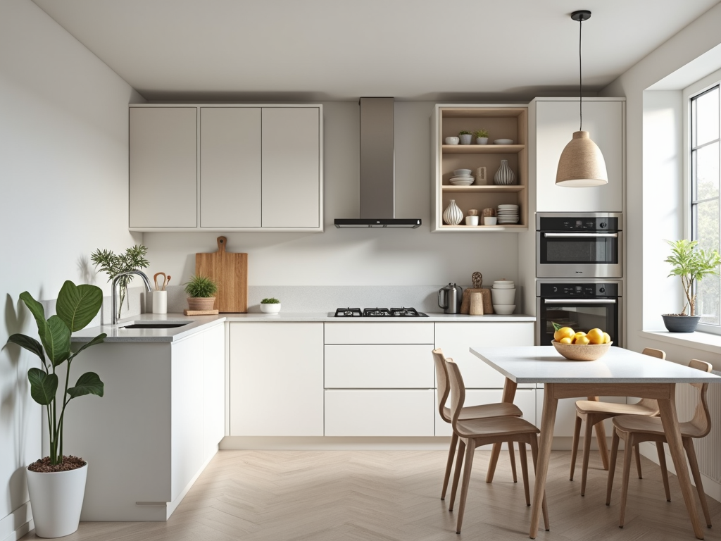 Eine minimalistische Küche mit sauberen Arbeitsflächen und organisierten Schränken. Die Küche wirkt modern und einladend.