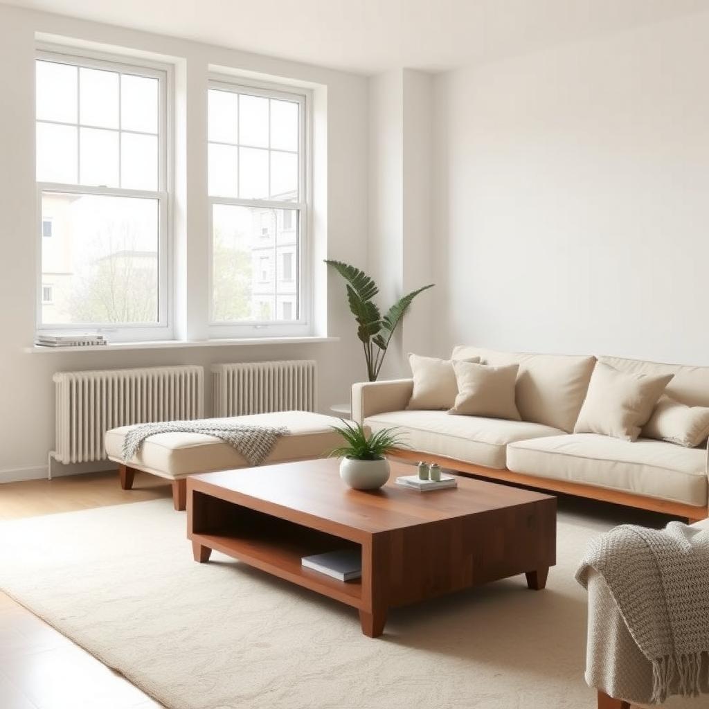 Ein minimalistisches Wohnzimmer mit neutralen Farben, einem schlichten Holztisch, einer Topfpflanze und großen Fenstern, die natürliches Licht hereinlassen.