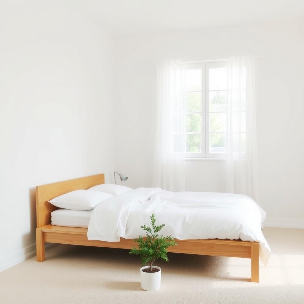Ein minimalistisches Schlafzimmer mit einem niedrigen Holzbett, weißer Bettwäsche und einer kleinen Lampe, beleuchtet durch ein großes Fenster.