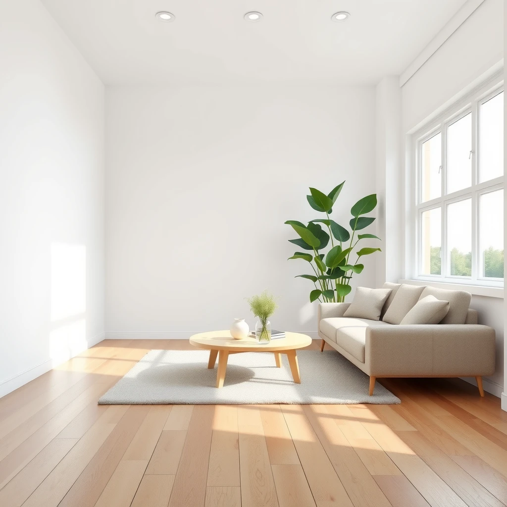 Helles, geräumiges minimalistisches Wohnzimmer mit weißen Wänden, Holzboden, schlichtem Sofa und einer großen grünen Pflanze