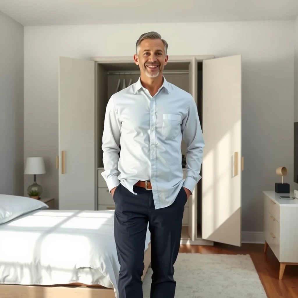 Mann glücklich in einfachem Outfit mit minimalistischen Schrank