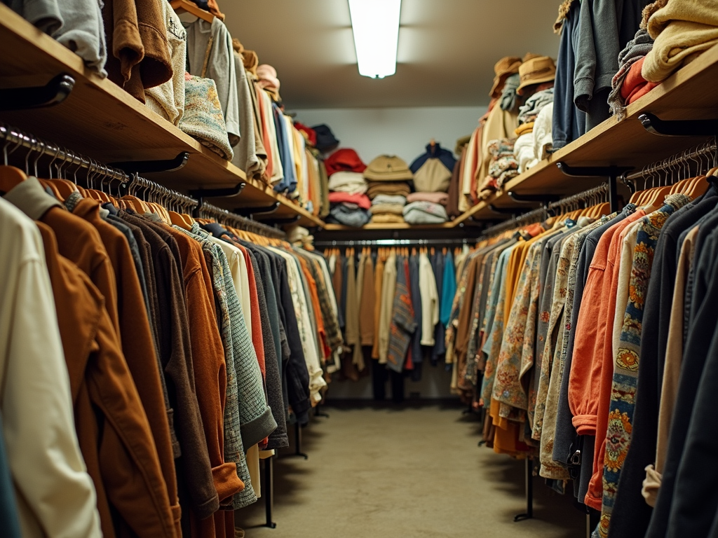 Ein Secondhand-Laden mit Regalen voller ordentlich sortierter Vintage-Kleidung in Erdtönen.