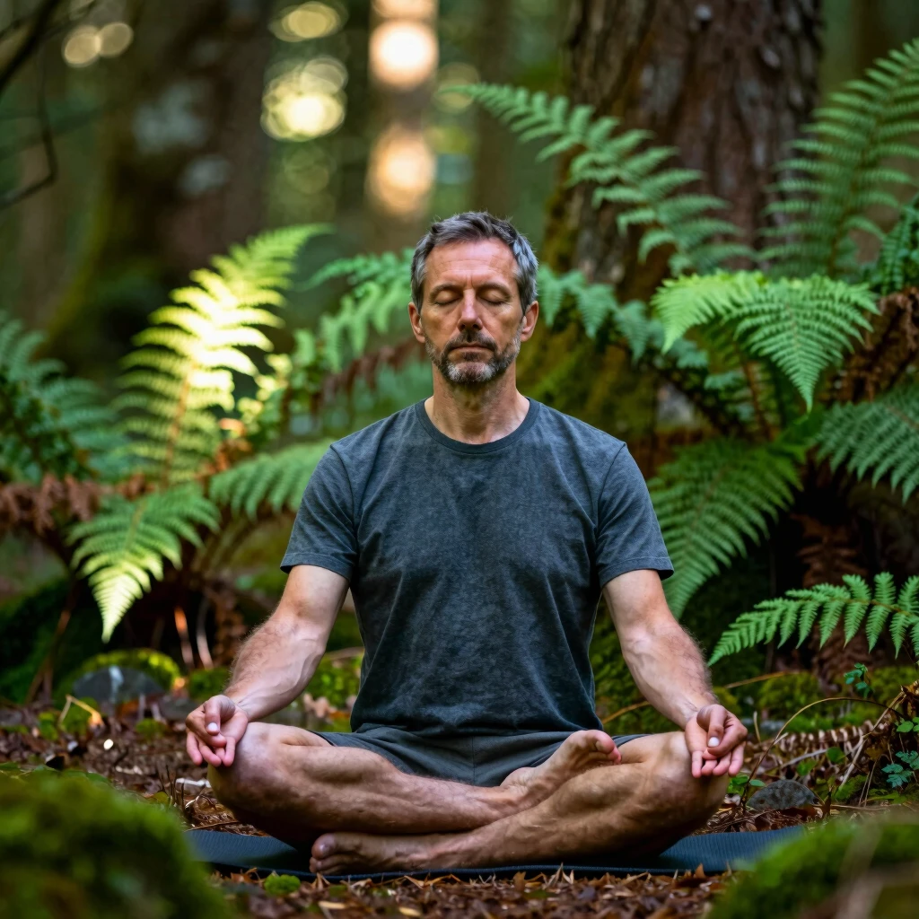 Ein Mann in tiefer Meditation inmitten einer friedlichen Waldlichtung.