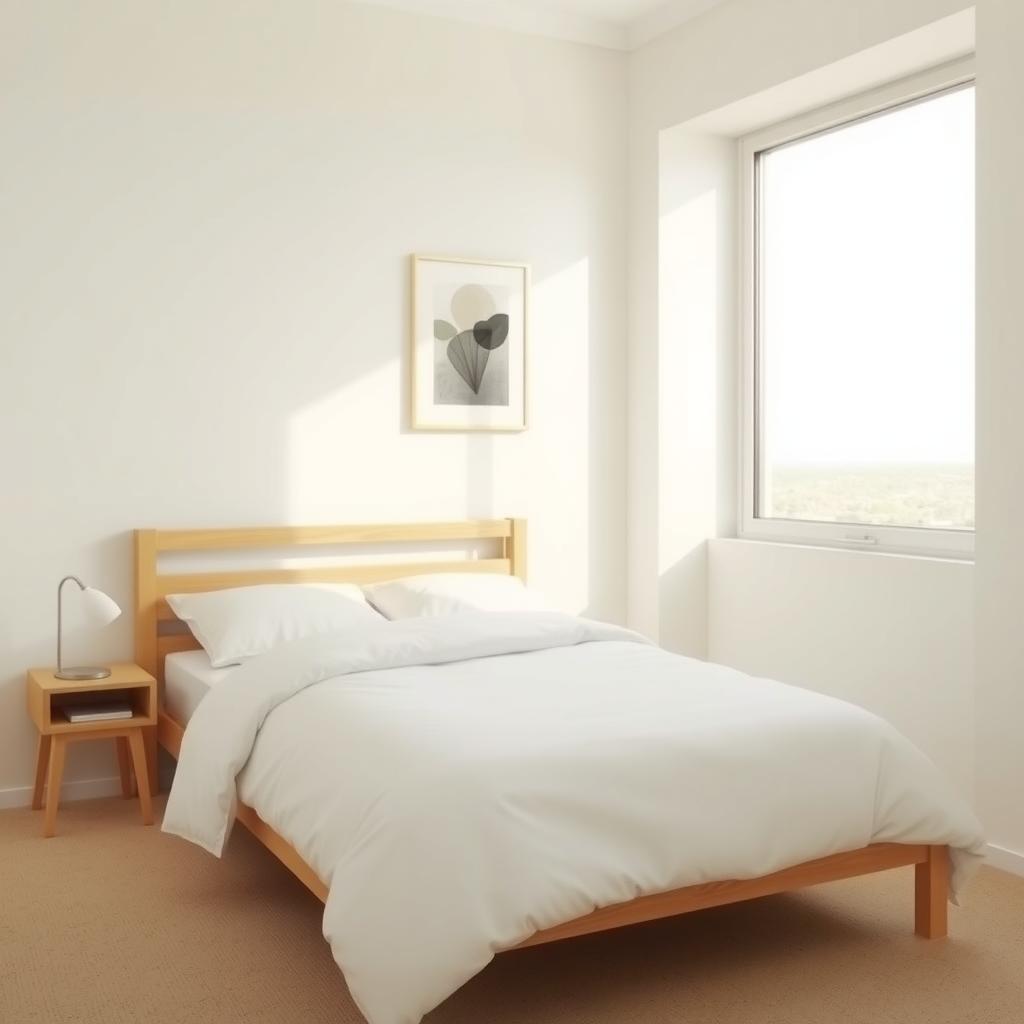 Ein minimalistisches Schlafzimmer mit einem schlichten Holzbett, weißer Bettwäsche und einem kleinen Nachttisch mit Lampe, beleuchtet durch ein großes Fenster mit einem abstrakten Kunstwerk an der Wand.