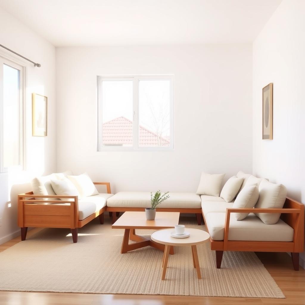 Minimalistisches Wohnzimmer mit neutralen Farben, einer Holz-Couch mit grauen Kissen, einem kleinen Couchtisch mit einer Pflanze und einem großen Fenster, das Tageslicht hereinlässt.