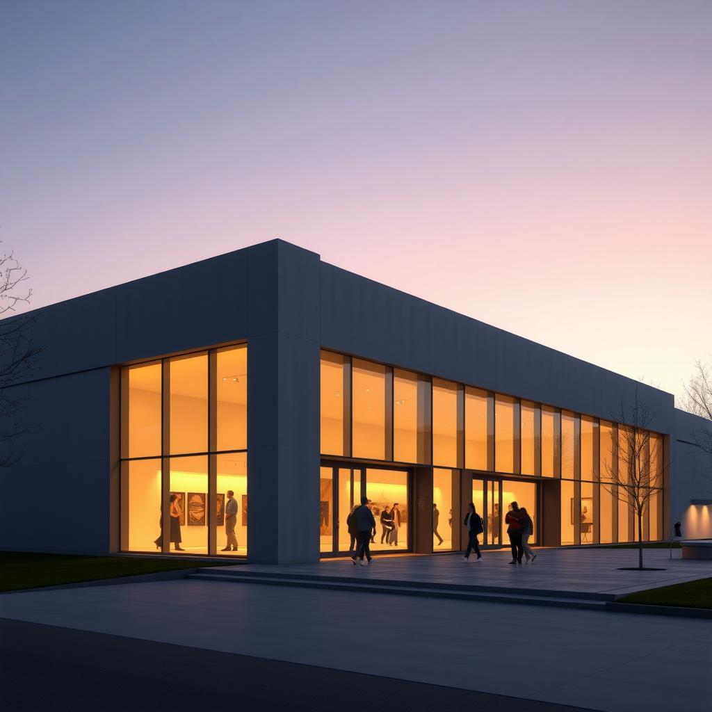 Moderne Museumsfassade mit minimalistischer Architektur und großen Glasfenstern bei Dämmerung.
