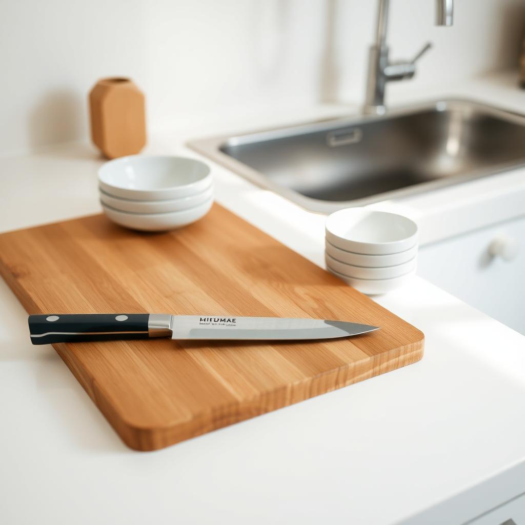 Minimalistische Küchentheke mit einem Holzschneidebrett, einem hochwertigen Kochmesser und einem kleinen Stapel weißer Keramikschüsseln.