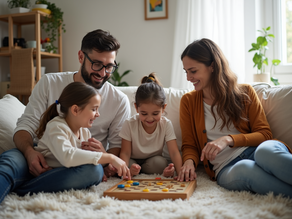 Familie spielt Brettspiel in minimalistischem Wohnzimmer