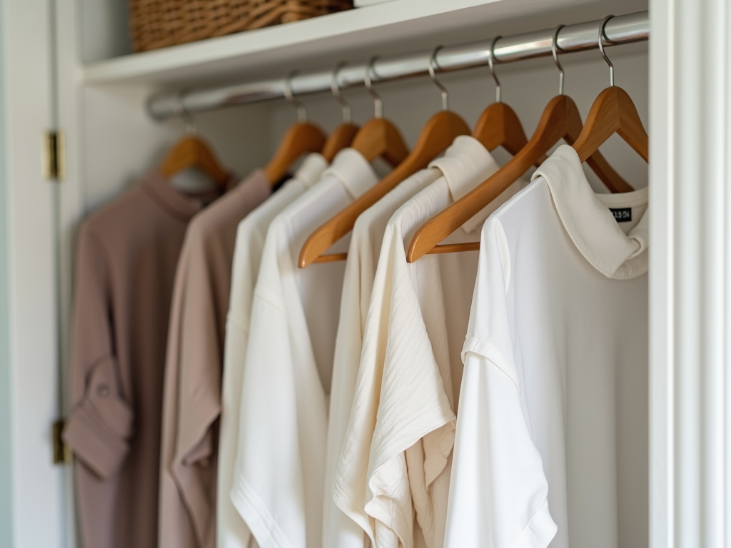 Ein ordentlich organisierter Kleiderschrank mit wenigen Kleiderbügeln und einfachen, klassischen Kleidungsstücken.