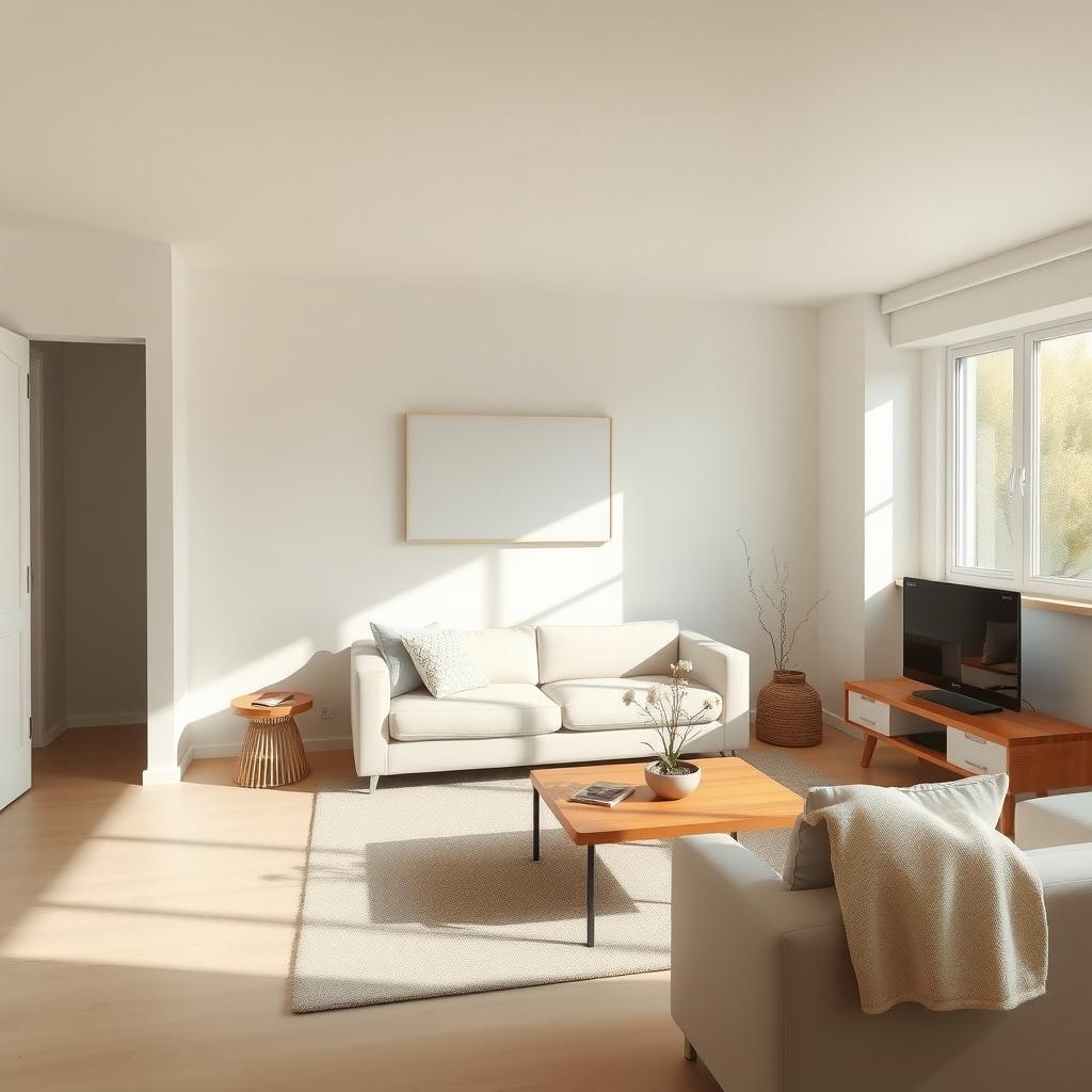 Gemütliches, minimalistisches Wohnzimmer mit neutralen Farben, einfachem Sofa, Holztisch mit Pflanze und großem Fenster.