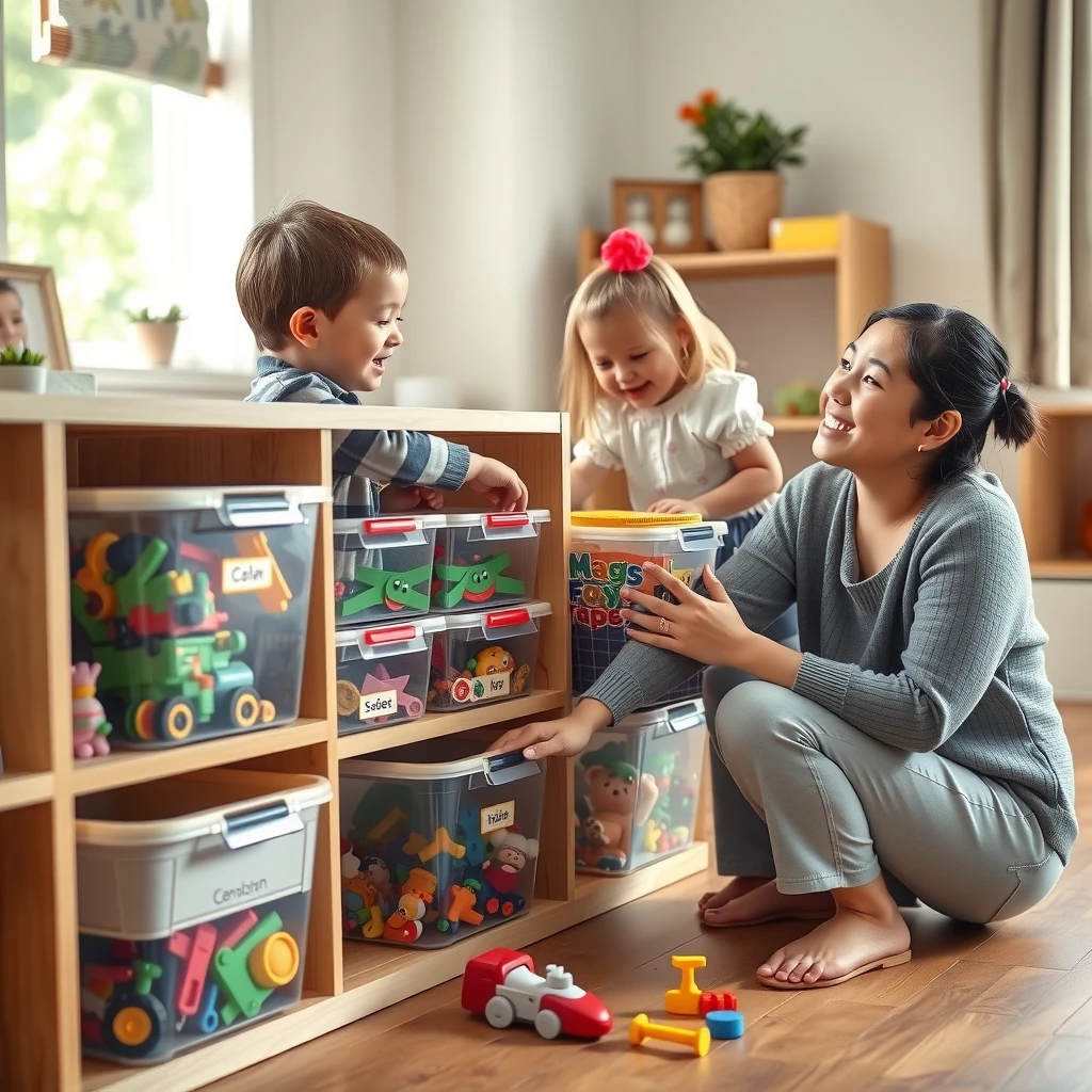 Kinder sortieren fröhlich Spielsachen in beschriftete Boxen