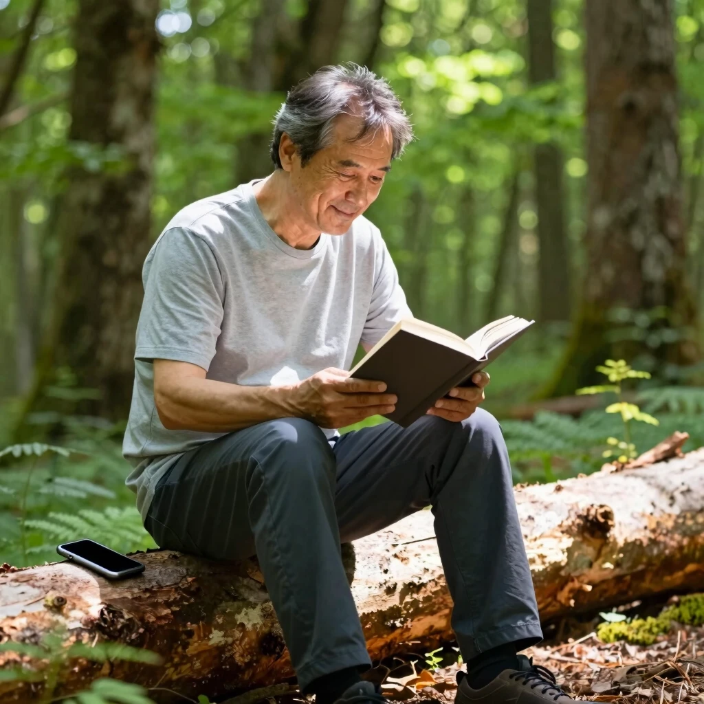 Mann liest Buch in der Natur, Smartphone abgelegt