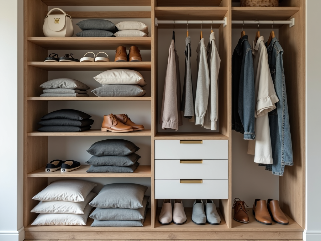 Ein ordentlich organisierter Kleiderschrank mit wenigen, sorgfältig ausgewählten Kleidungsstücken.