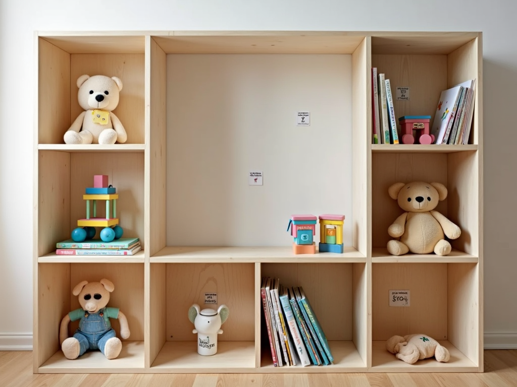 Offene Regale mit wenigen Spielzeugen und Büchern im Kinderzimmer.