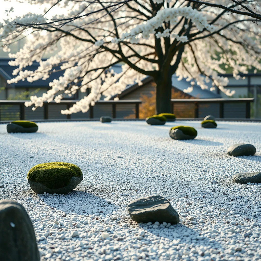 Japanischer Steingarten bei Sonnenaufgang, Symbol für Minimalismus und Ruhe