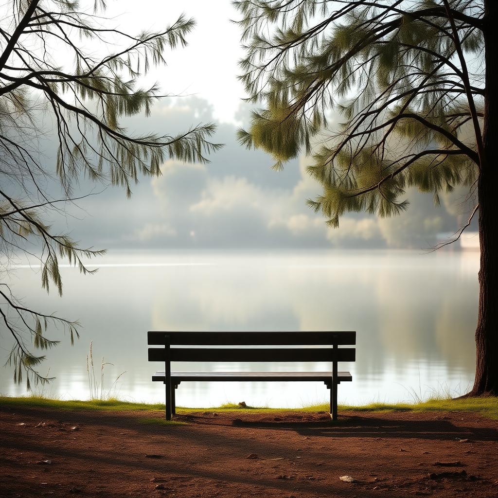 Eine ruhige Szene im Freien mit einer einzelnen Holzbank am Ufer eines stillen Sees, umgeben von Bäumen und morgendlichem Nebel.