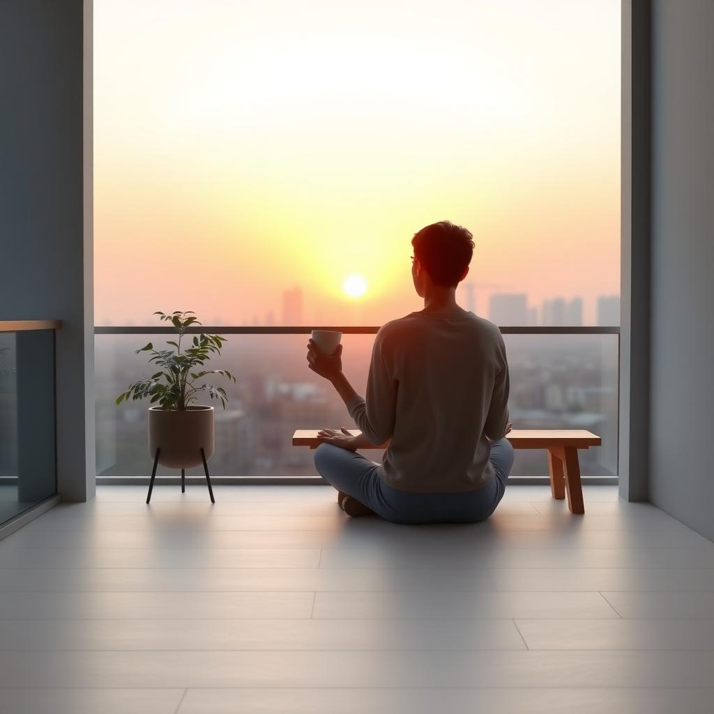 Eine Person sitzt mit einer Tasse Tee auf einem minimalistischen Balkon mit einer Pflanze und einer Holzbank und blickt auf einen ruhigen Sonnenaufgang.