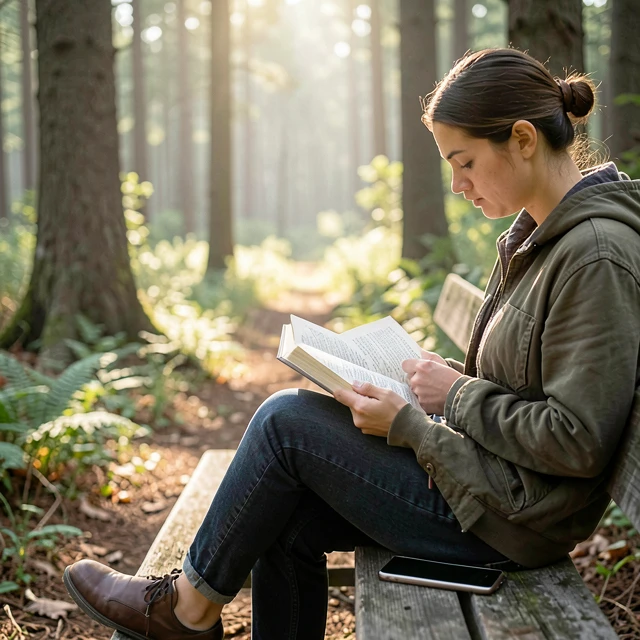 Person liest ein Buch in der Natur und legt das Smartphone bewusst beiseite