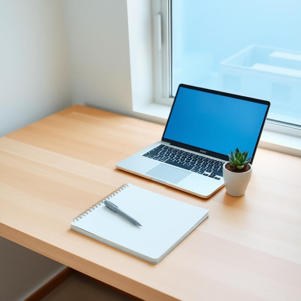 Ein minimalistischer Schreibtisch mit einem Laptop, einem Notizbuch, einem Stift und einer kleinen Sukkulente.