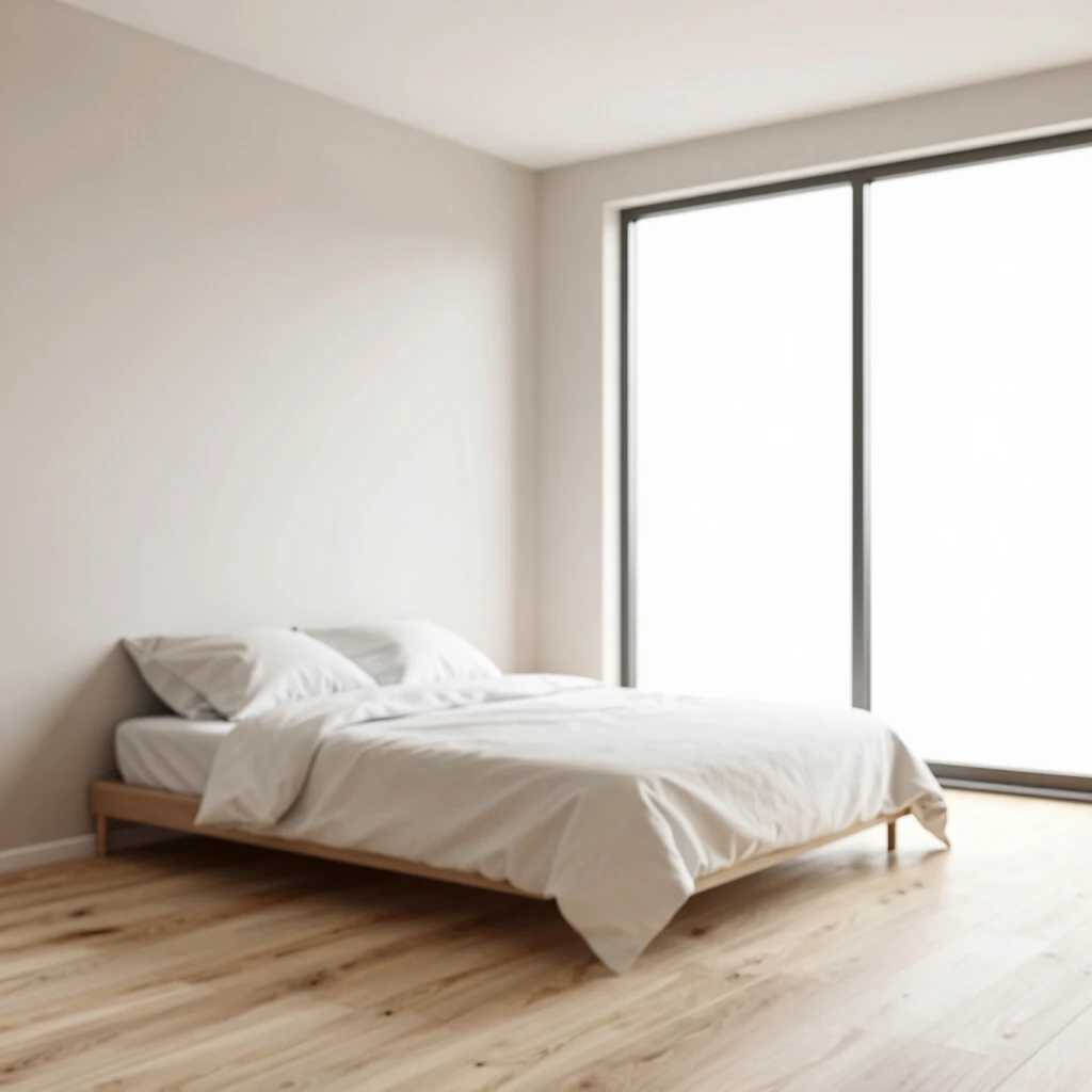 Helles minimalistisches Schlafzimmer mit neutralen Farben, Holzboden und großem Fenster
