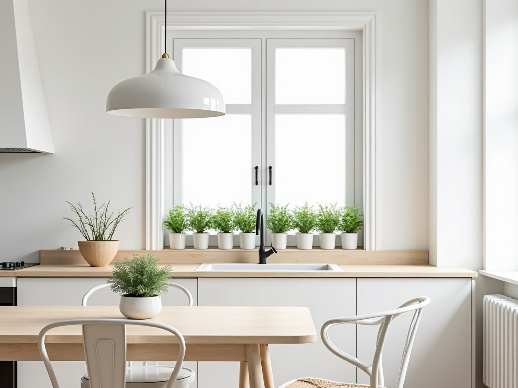Eine skandinavisch inspirierte minimalistische Küche mit weißen Schränken, hellen Holzarbeitsplatten und einigen grünen Pflanzen. Die Küche verfügt über eine einzelne Pendelleuchte über dem Esstisch und einen kleinen Kräutergarten auf der Fensterbank.
