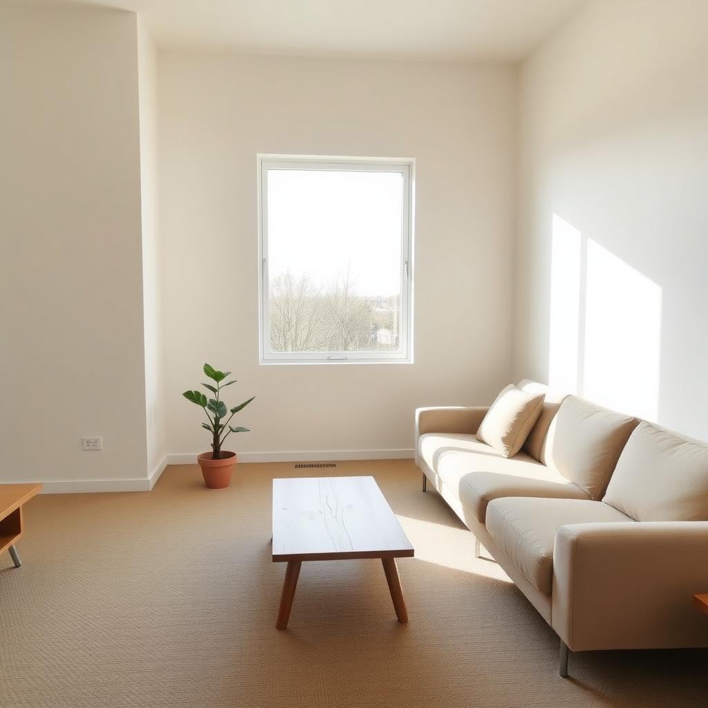 Ein minimalistisches Wohnzimmer mit neutralen Farben, einem einfachen Holztisch, einer Pflanze und einem beigen Sofa, beleuchtet durch natürliches Licht.