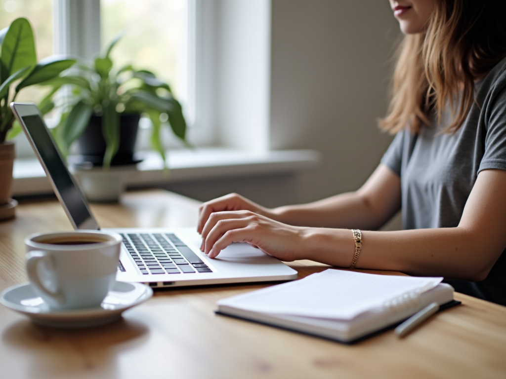 Eine Person an einem ordentlichen Schreibtisch mit Laptop, Kaffeetasse und Notizbuch in einer ruhigen, fokussierten Atmosphäre.
