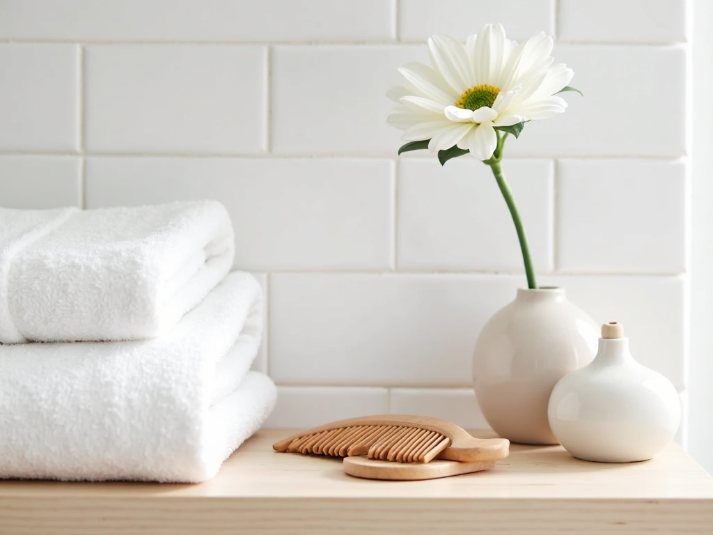 Minimalistische Badezimmerablage mit ordentlich gefalteten Handtüchern und einer einzelnen Blume