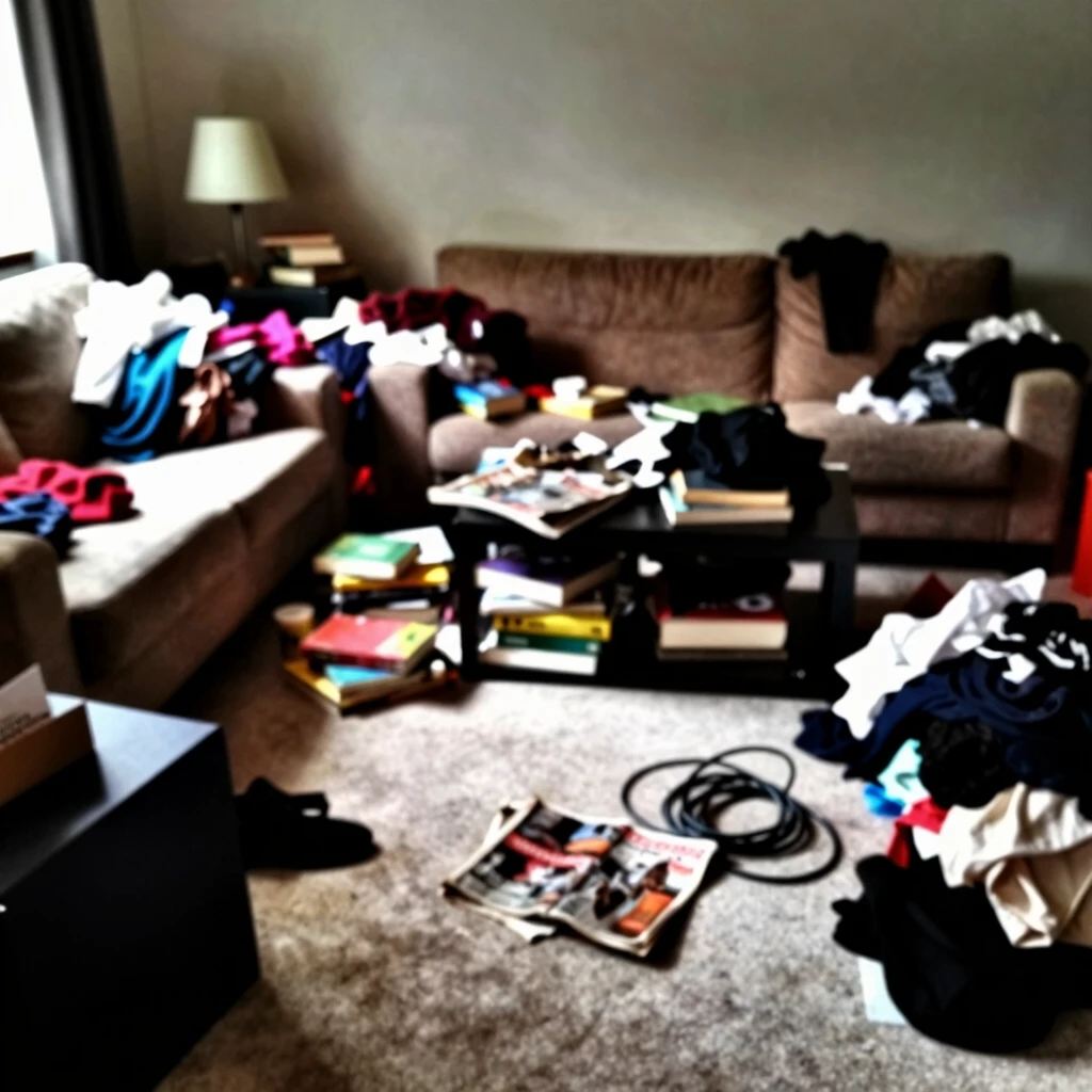 Chaotisches Wohnzimmer vor dem Entrümpeln im Minimalismus-Projekt