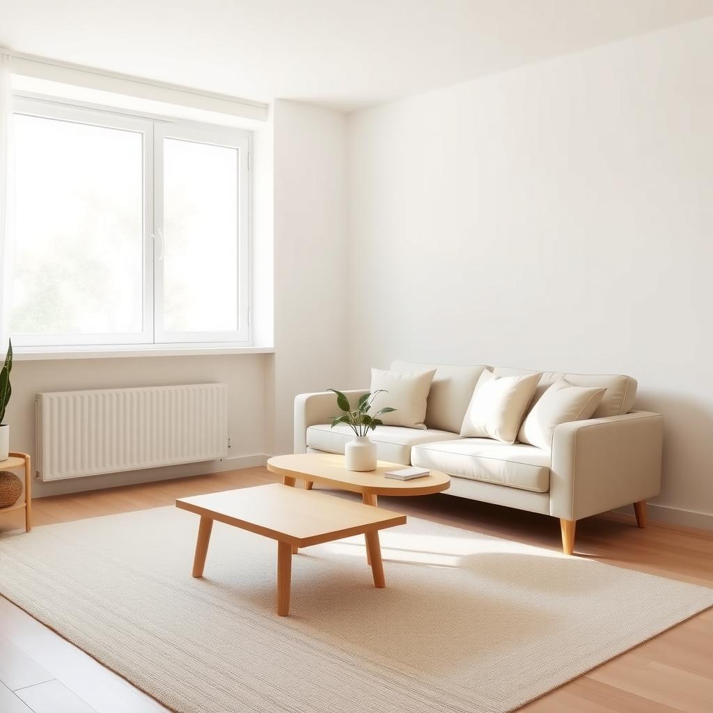 Ein minimalistisches Wohnzimmer mit neutralen Farben, einem Holztisch, einer Pflanze und einem gemütlichen Sofa, erhellt durch natürliches Licht.